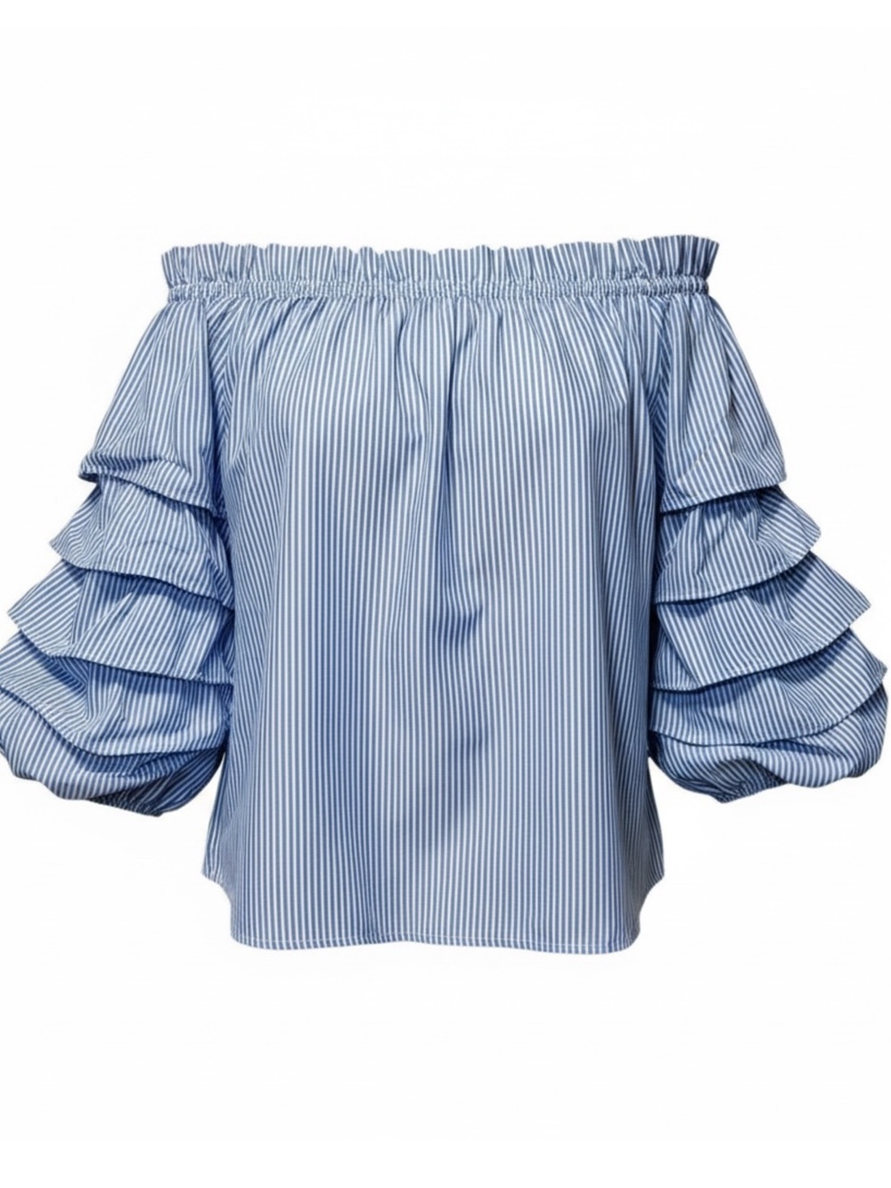 SADIE & LOVE Blue and white striped off shoulder ruffle top size M.